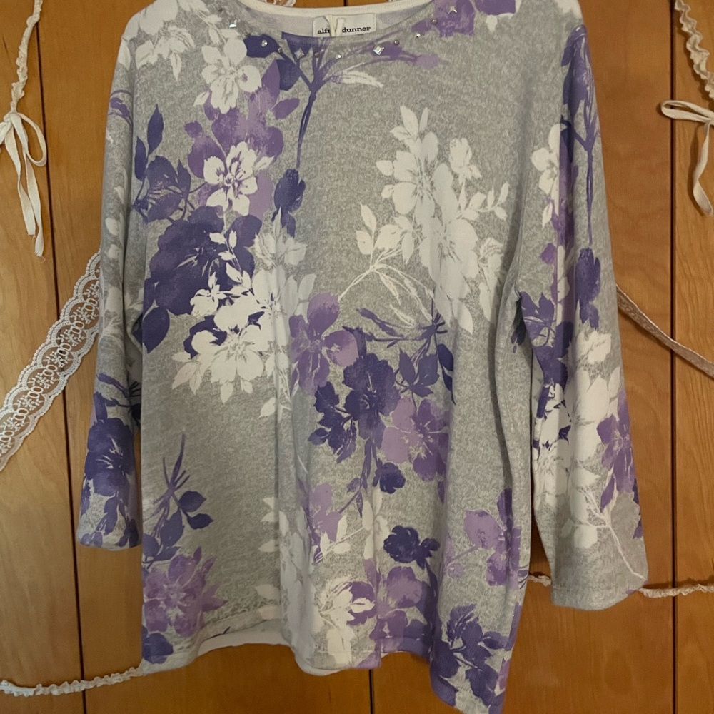 Alfred Dunner Gray and Purple Boxy 3/4 Sleeve Blouse